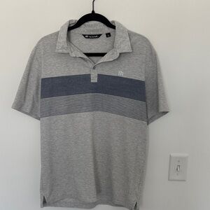Travis Mathew Men's Gray and Blue Striped Polo Shirt - Size L